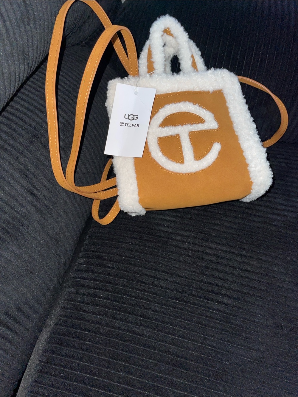 Brand new Telfar UGG Mini Shearling Trim Crossbody in Chestnut and White